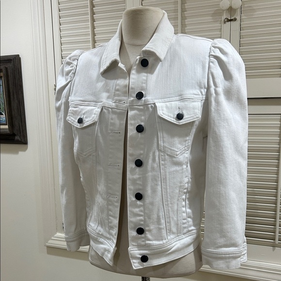 New Retrofete Women's White Denim Jacket with Puff Shoulders - Picture 4 of 11